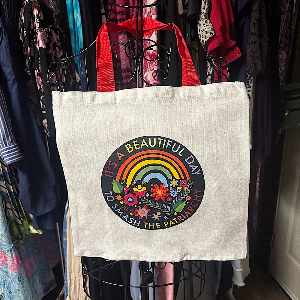Canvas Tote Bag with Red Handles SMASH THE PATRIARCHY